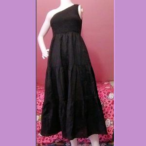One Shoulder (S) Smocked Midi Dress - Tiered - Pockets